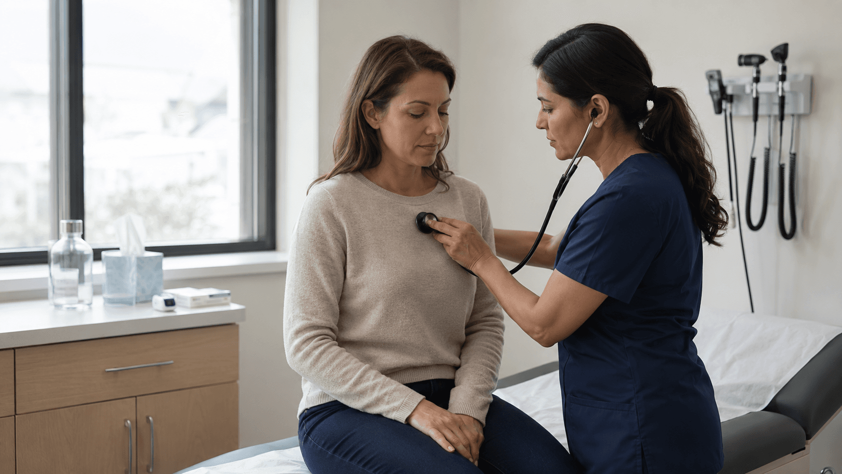 Physician listening to a patient's lungs with a stethoscope