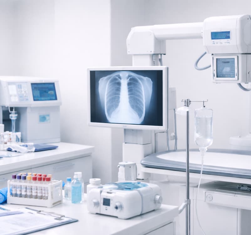 On-site diagnostics equipment: digital X-ray, lab testing, and IV treatment