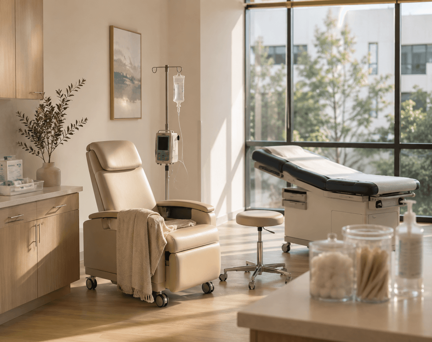 Treatment room with IV chair and exam table