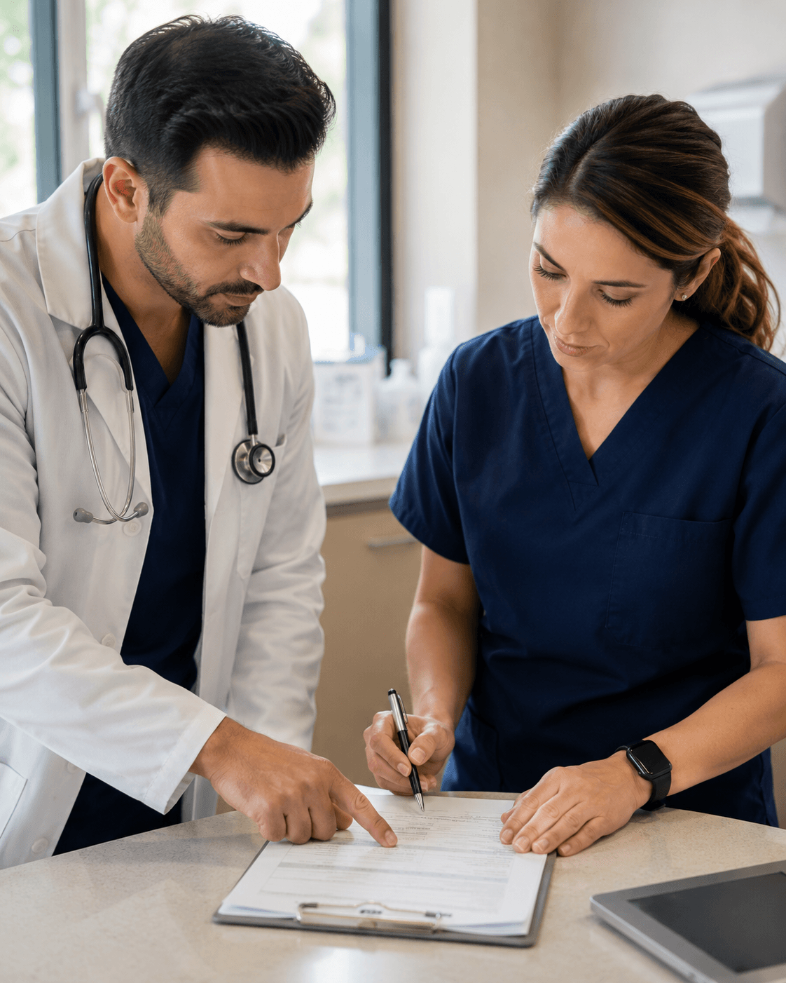 Physician and nurse reviewing a clinical checklist together